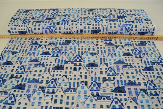 Cotton Canvas Fabric Digitally Printed Delfts Blue houses