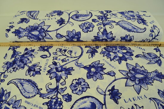 Cotton Canvas Fabric Digitally Printed Delfts Blue Flowers